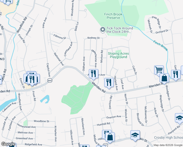 map of restaurants, bars, coffee shops, grocery stores, and more near 31 Alexander Avenue in Waterbury