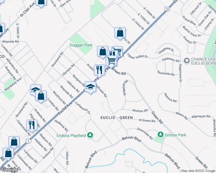 map of restaurants, bars, coffee shops, grocery stores, and more near 18160 Euclid Avenue in Cleveland