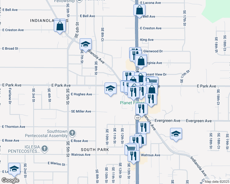 map of restaurants, bars, coffee shops, grocery stores, and more near 901 East Park Avenue in Des Moines