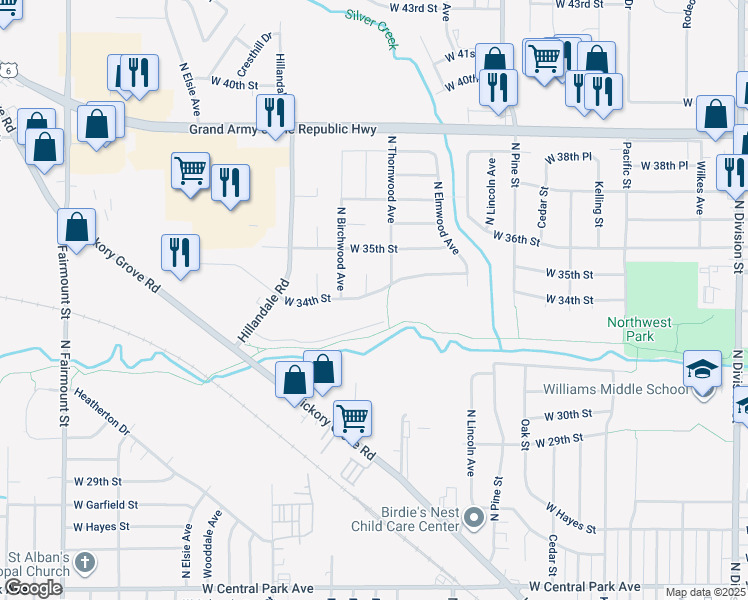 map of restaurants, bars, coffee shops, grocery stores, and more near 2725 West 34th Street in Davenport