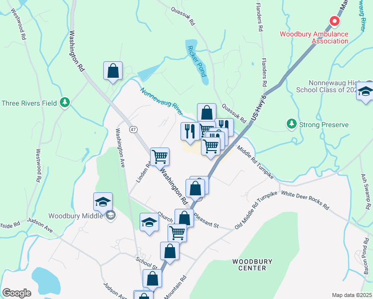 map of restaurants, bars, coffee shops, grocery stores, and more near 125 Main Street North in Woodbury