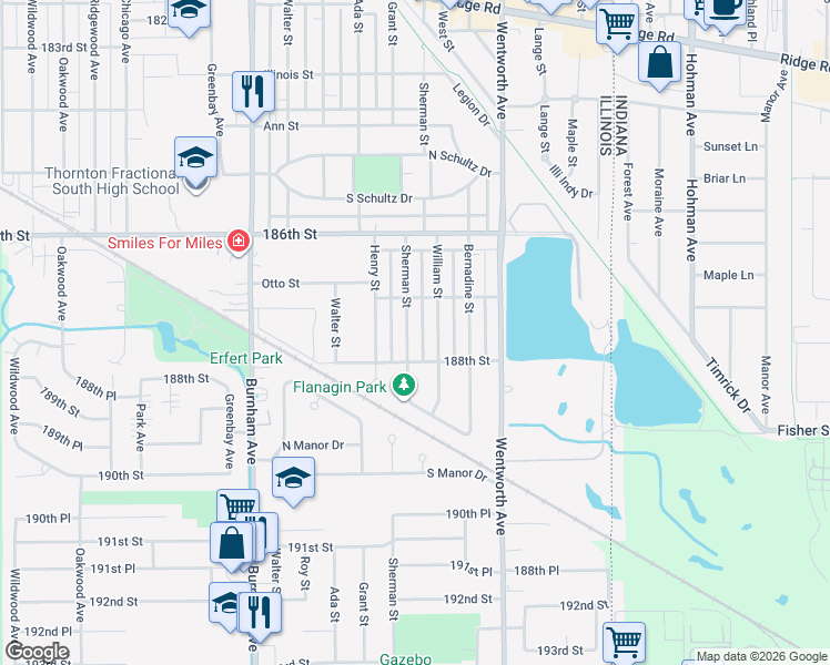 map of restaurants, bars, coffee shops, grocery stores, and more near 18747 Sherman Street in Lansing