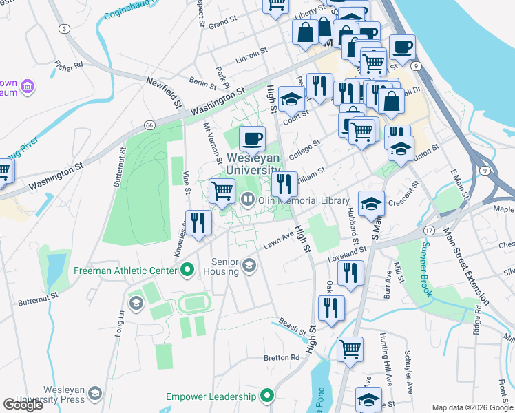 map of restaurants, bars, coffee shops, grocery stores, and more near 238 Church Street in Middletown