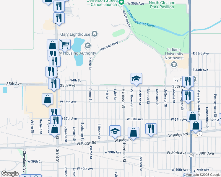 map of restaurants, bars, coffee shops, grocery stores, and more near 925 West 35th Avenue in Gary