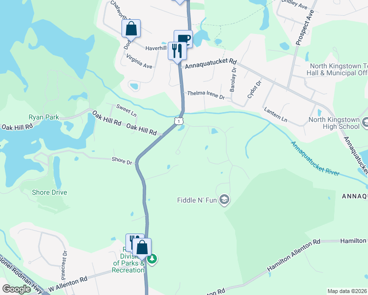 map of restaurants, bars, coffee shops, grocery stores, and more near 60 Esker Lane in North Kingstown