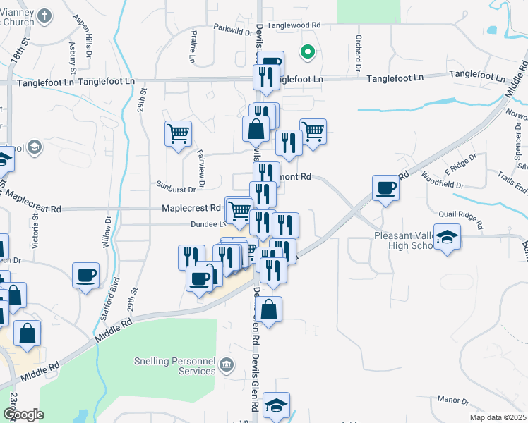 map of restaurants, bars, coffee shops, grocery stores, and more near 3131 Devils Glen Road in Bettendorf