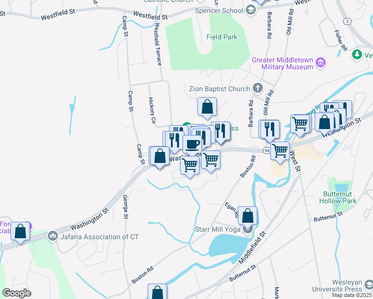 map of restaurants, bars, coffee shops, grocery stores, and more near 900 Washington Street in Middletown