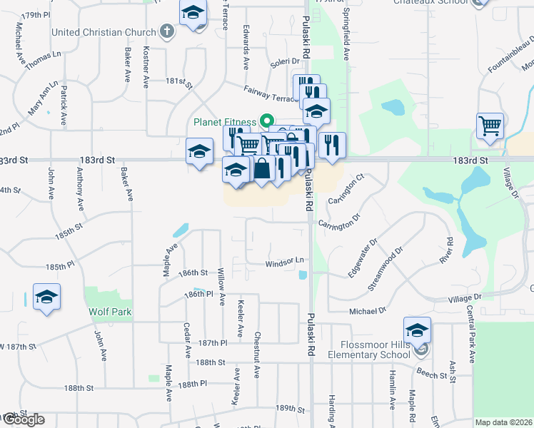 map of restaurants, bars, coffee shops, grocery stores, and more near 171 Williamsburg Road in Country Club Hills