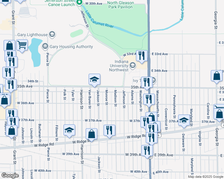 map of restaurants, bars, coffee shops, grocery stores, and more near 415 West 35th Avenue in Gary