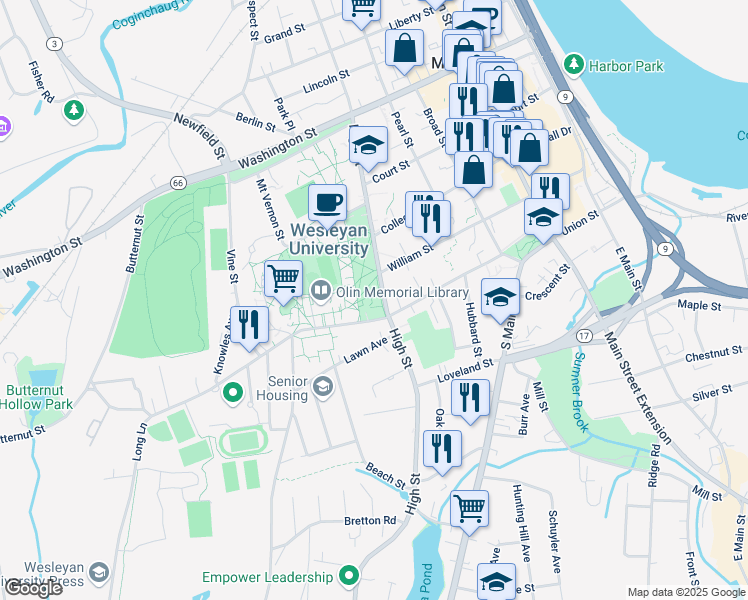 map of restaurants, bars, coffee shops, grocery stores, and more near 200 Church Street in Middletown