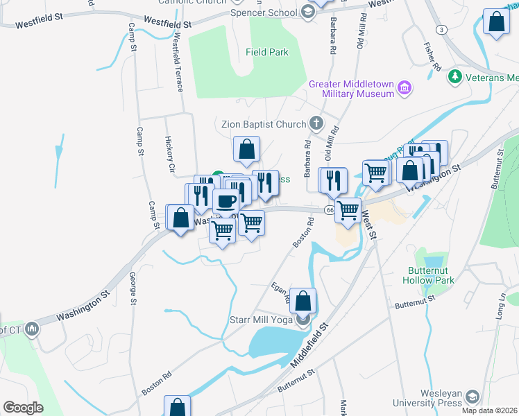 map of restaurants, bars, coffee shops, grocery stores, and more near 797 Washington Street in Middletown