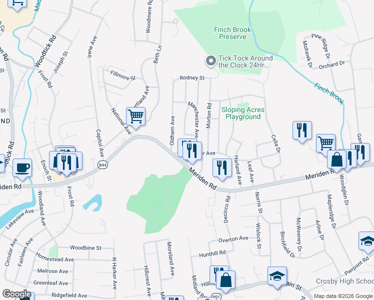 map of restaurants, bars, coffee shops, grocery stores, and more near 31 Alexander Avenue in Waterbury