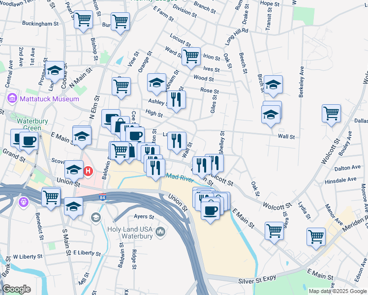 map of restaurants, bars, coffee shops, grocery stores, and more near 28-30 Crosby Street in Waterbury