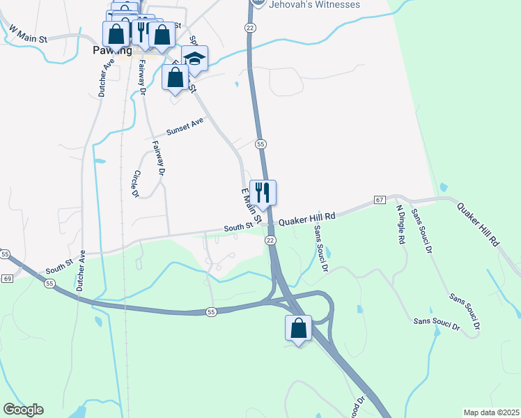 map of restaurants, bars, coffee shops, grocery stores, and more near 146 East Main Street in Pawling