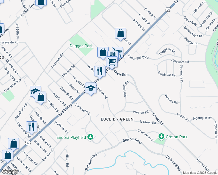 map of restaurants, bars, coffee shops, grocery stores, and more near 18160 Euclid Avenue in Cleveland