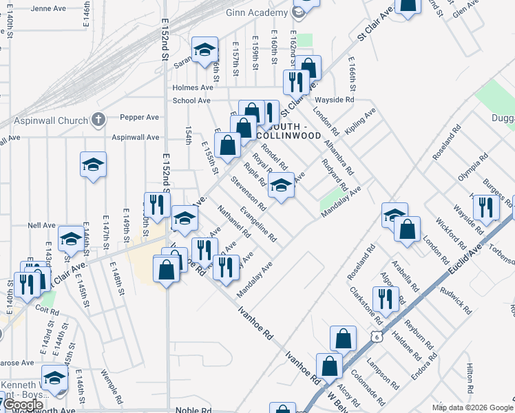 map of restaurants, bars, coffee shops, grocery stores, and more near 945 Evangeline Road in Cleveland
