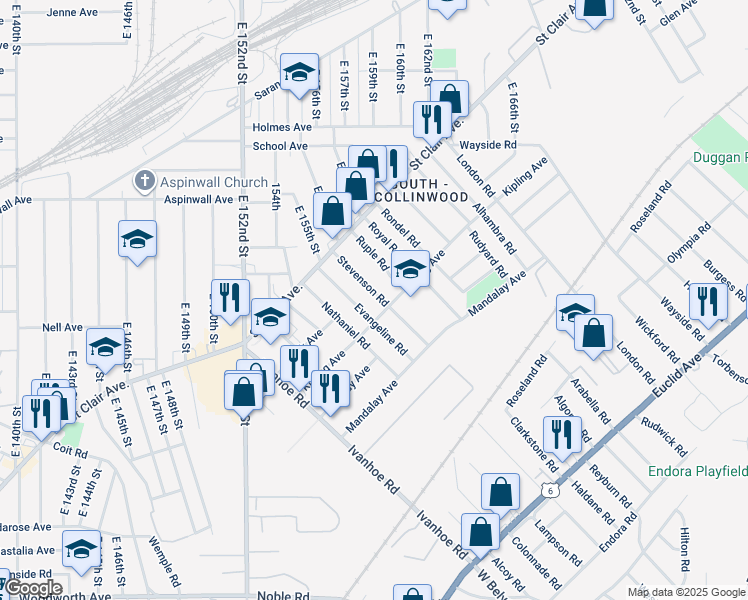 map of restaurants, bars, coffee shops, grocery stores, and more near 945 Evangeline Road in Cleveland