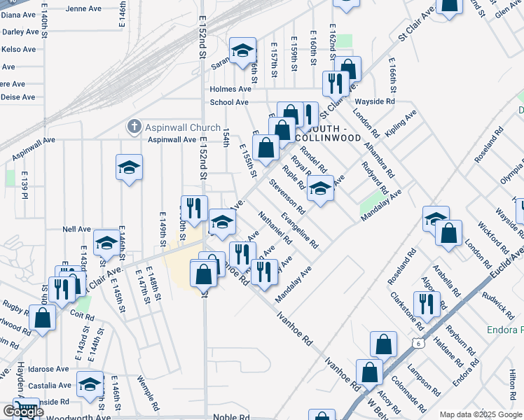 map of restaurants, bars, coffee shops, grocery stores, and more near 933 Nathaniel Road in Cleveland