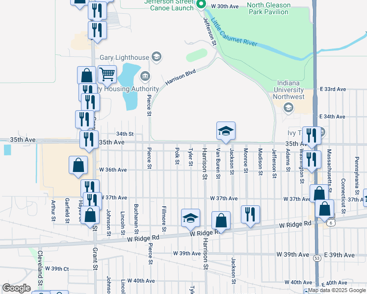 map of restaurants, bars, coffee shops, grocery stores, and more near 917 West 35th Avenue in Gary