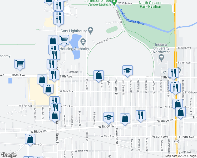 map of restaurants, bars, coffee shops, grocery stores, and more near 1035 West 35th Avenue in Gary