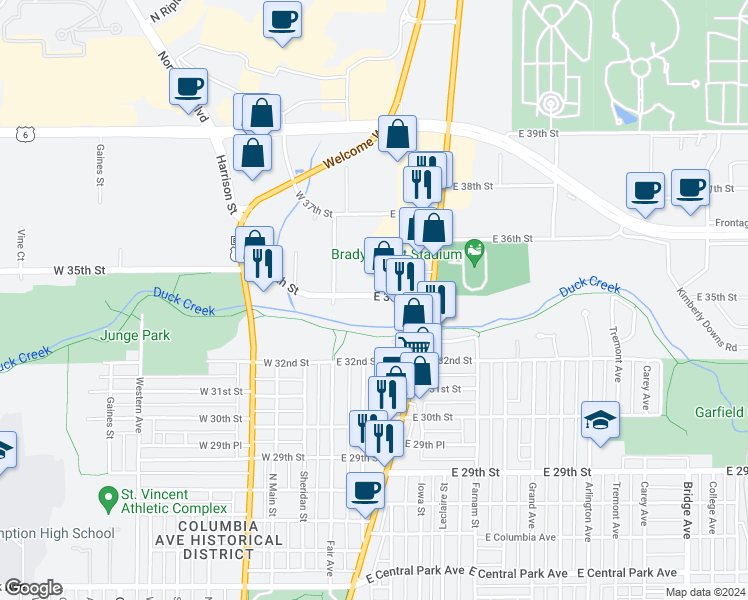 map of restaurants, bars, coffee shops, grocery stores, and more near 207 East 35th Street in Davenport