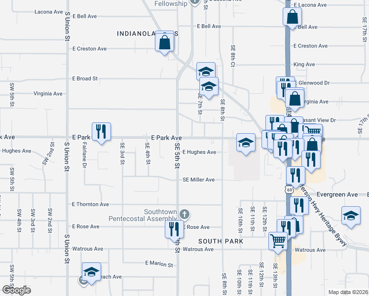 map of restaurants, bars, coffee shops, grocery stores, and more near 510 East Hughes Avenue in Des Moines