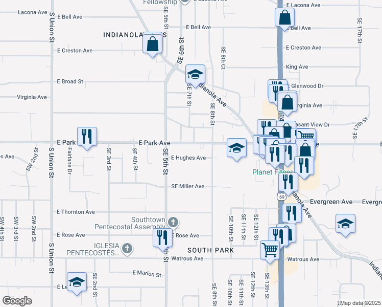 map of restaurants, bars, coffee shops, grocery stores, and more near 612 E Hughes Ave in Des Moines