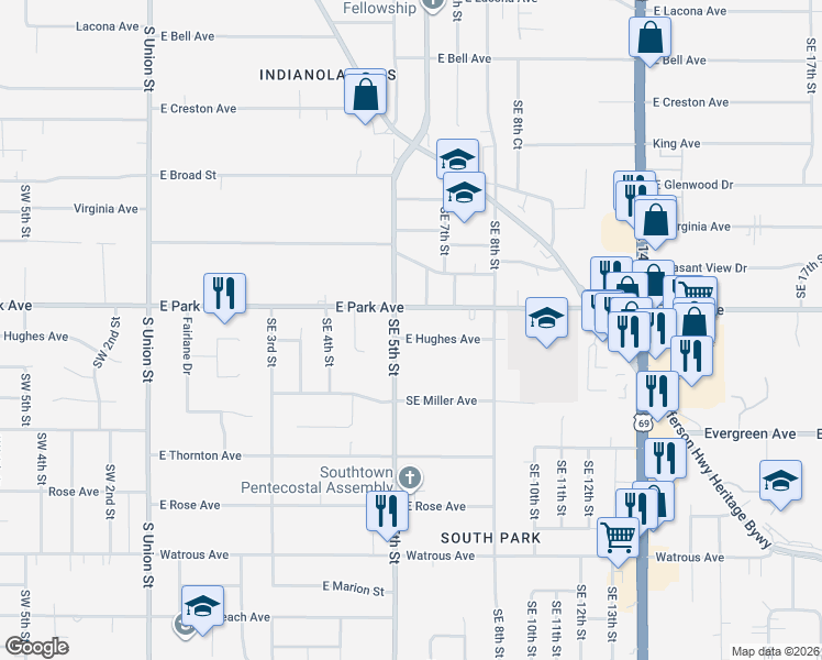map of restaurants, bars, coffee shops, grocery stores, and more near 510 East Hughes Avenue in Des Moines