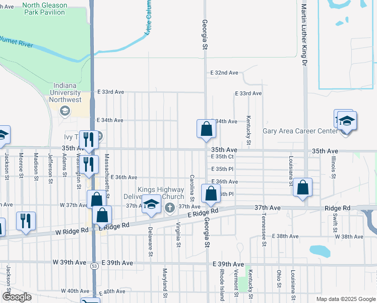 map of restaurants, bars, coffee shops, grocery stores, and more near 3500 Carolina Street in Gary