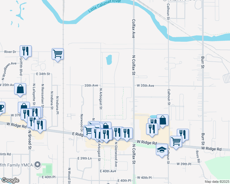 map of restaurants, bars, coffee shops, grocery stores, and more near 1855 North Mansard Boulevard in Griffith