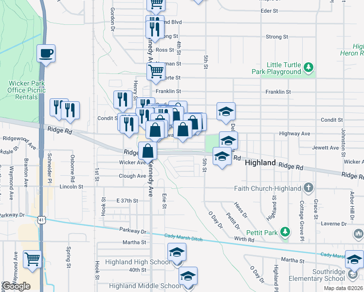 map of restaurants, bars, coffee shops, grocery stores, and more near 2905 Jewett Avenue in Highland