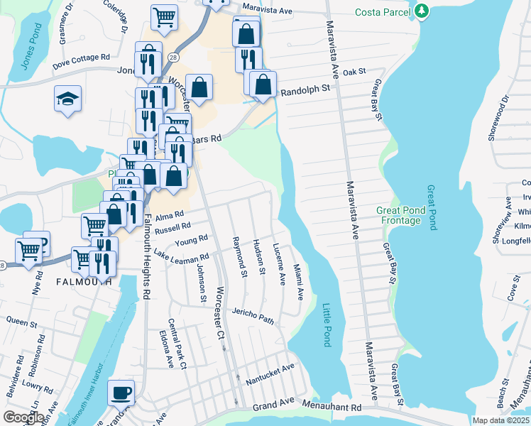map of restaurants, bars, coffee shops, grocery stores, and more near 92 Lucerne Avenue in Falmouth