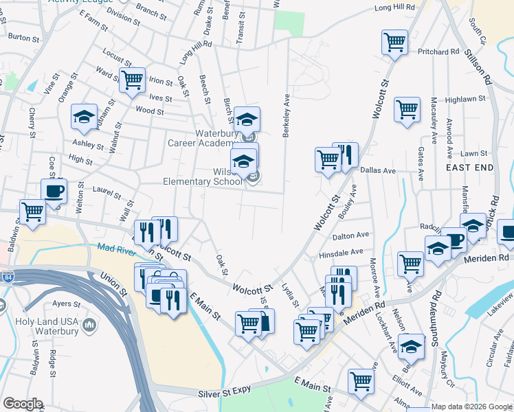 map of restaurants, bars, coffee shops, grocery stores, and more near 8 Ruel Street in Waterbury