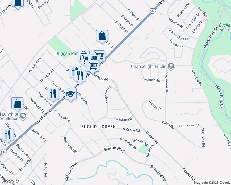 map of restaurants, bars, coffee shops, grocery stores, and more near 18054 David Drive in Cleveland