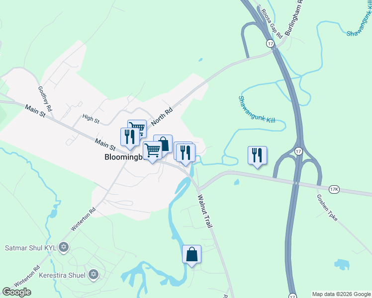 map of restaurants, bars, coffee shops, grocery stores, and more near 10 Amber Light Road in Bloomingburg