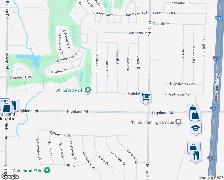 map of restaurants, bars, coffee shops, grocery stores, and more near 6013 Whiteford Drive in Highland Heights