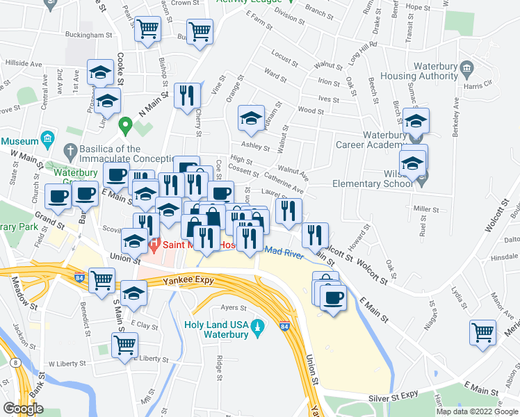 map of restaurants, bars, coffee shops, grocery stores, and more near 12 Kenyon Street in Waterbury