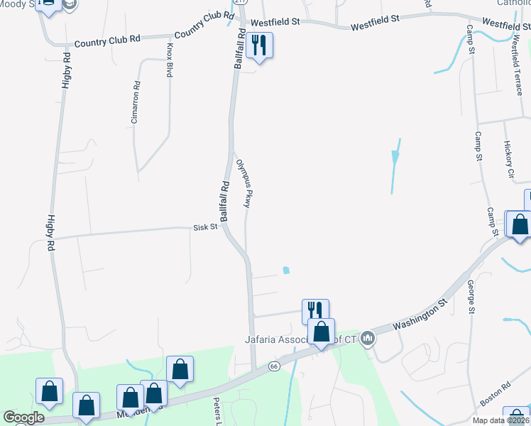 map of restaurants, bars, coffee shops, grocery stores, and more near 56 Olympus Parkway in Middletown