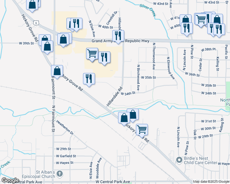 map of restaurants, bars, coffee shops, grocery stores, and more near 3368 Hillandale Road in Davenport