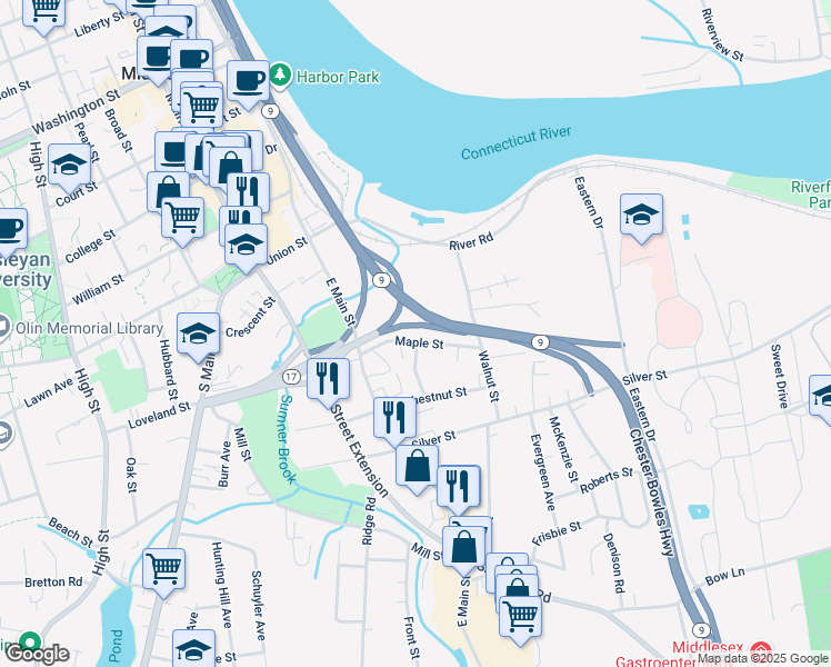 map of restaurants, bars, coffee shops, grocery stores, and more near 16 Maple Street in Middletown