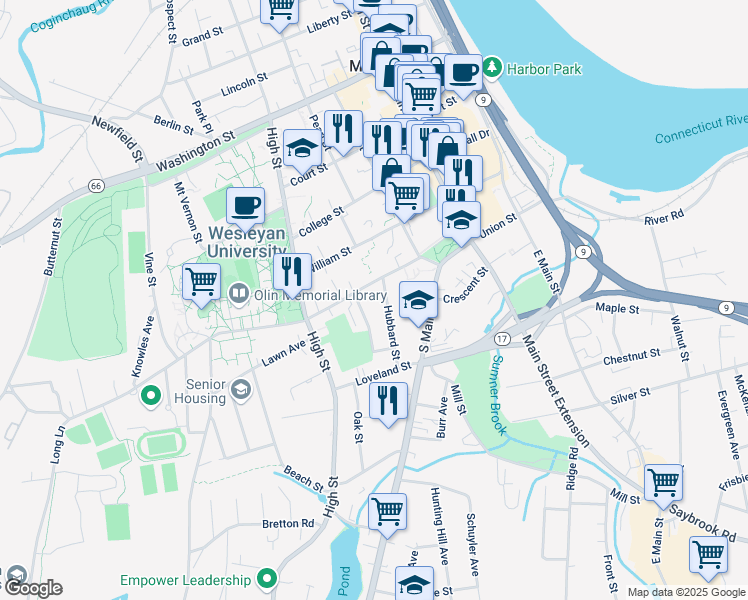 map of restaurants, bars, coffee shops, grocery stores, and more near 51 Hubbard Street in Middletown