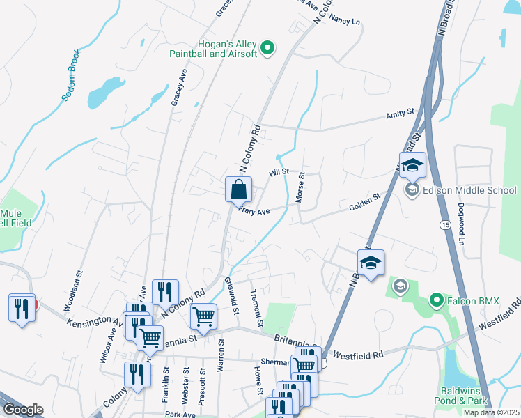 map of restaurants, bars, coffee shops, grocery stores, and more near 59 Frary Avenue in Meriden