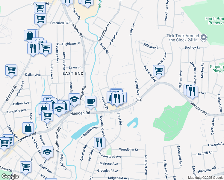 map of restaurants, bars, coffee shops, grocery stores, and more near 22 Munson Avenue in Waterbury