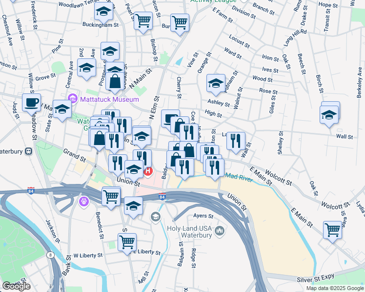 map of restaurants, bars, coffee shops, grocery stores, and more near 421 East Main Street in Waterbury