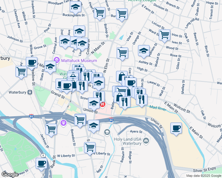 map of restaurants, bars, coffee shops, grocery stores, and more near 332 East Main Street in Waterbury
