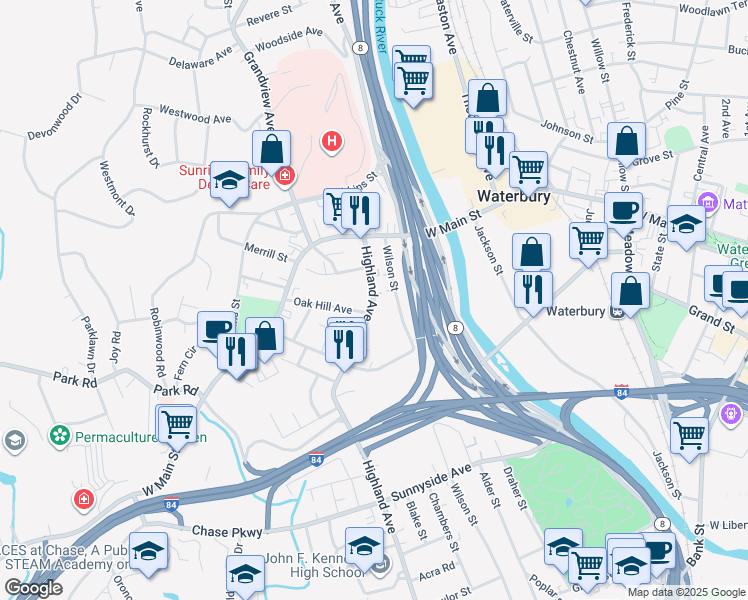 map of restaurants, bars, coffee shops, grocery stores, and more near 85 Highland Avenue in Waterbury