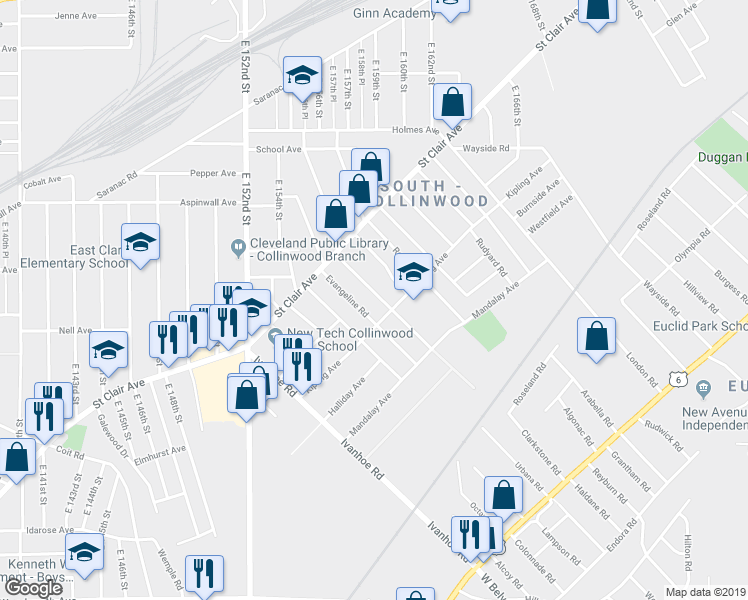 map of restaurants, bars, coffee shops, grocery stores, and more near 945 Evangeline Road in Cleveland