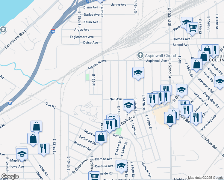 map of restaurants, bars, coffee shops, grocery stores, and more near 921 East 141st Street in Cleveland