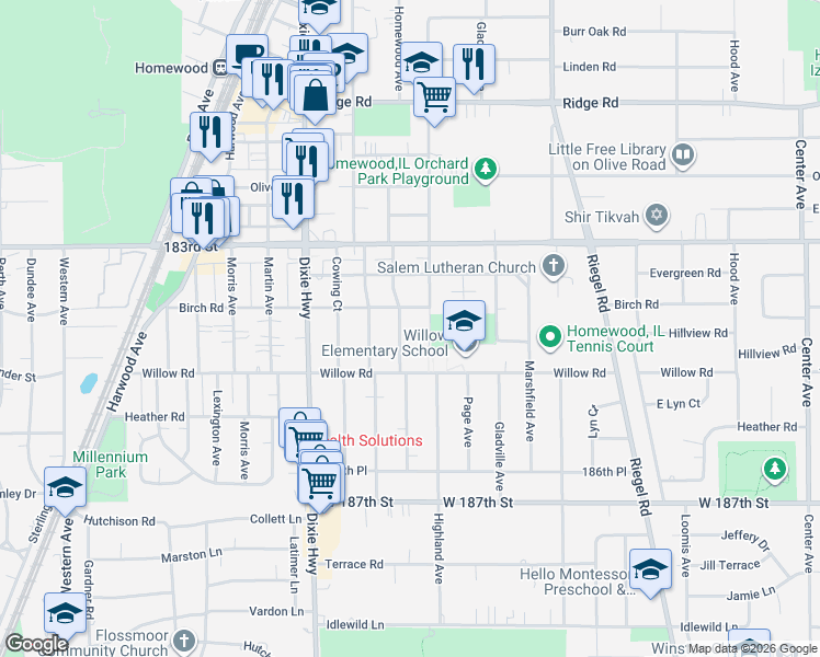 map of restaurants, bars, coffee shops, grocery stores, and more near 18435 Homewood Avenue in Homewood