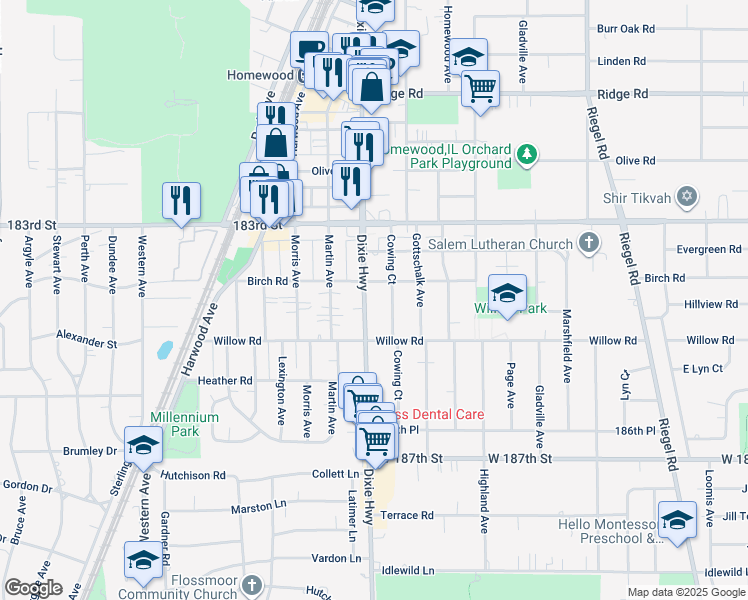 map of restaurants, bars, coffee shops, grocery stores, and more near 18436 Cowing Court in Homewood